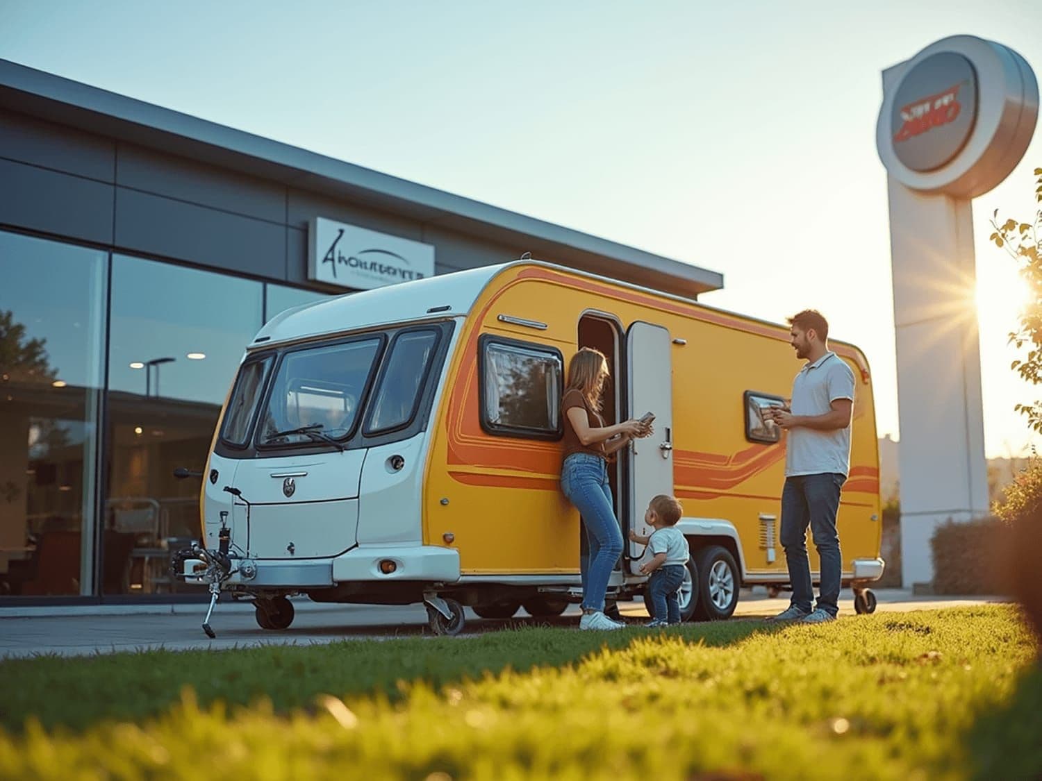 New caravan outside the dealership with a family beside it